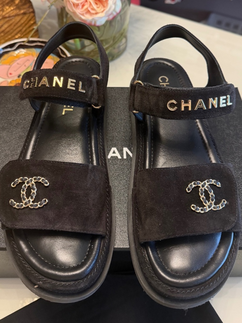 CHANEL Black Suede Logo Strap Sandals Size 41 / US 10B with Box & Dust Bag